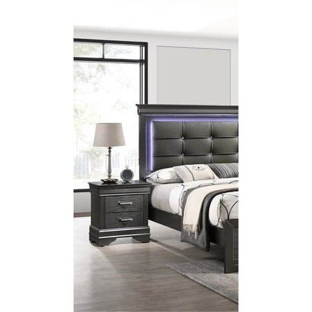 Contemporary Grey Bedroom Nightstand With Stylish Handles 2 Wooden In - Style