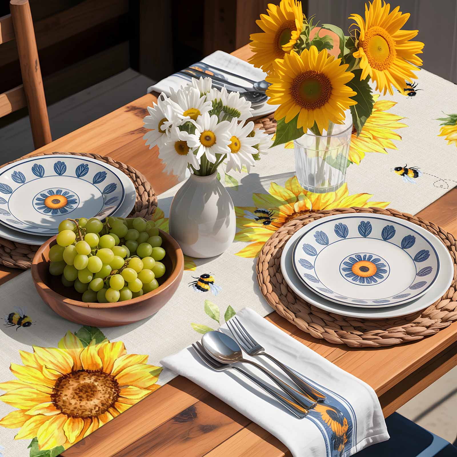 Sunflower Bee Leaves on Linen Table Runner 90 Inches Long, Summer Sunshine Quote Table Runners Tabletop Scarf Kitchen Dining Tables Decoration for Home Party Indoor Outdoor