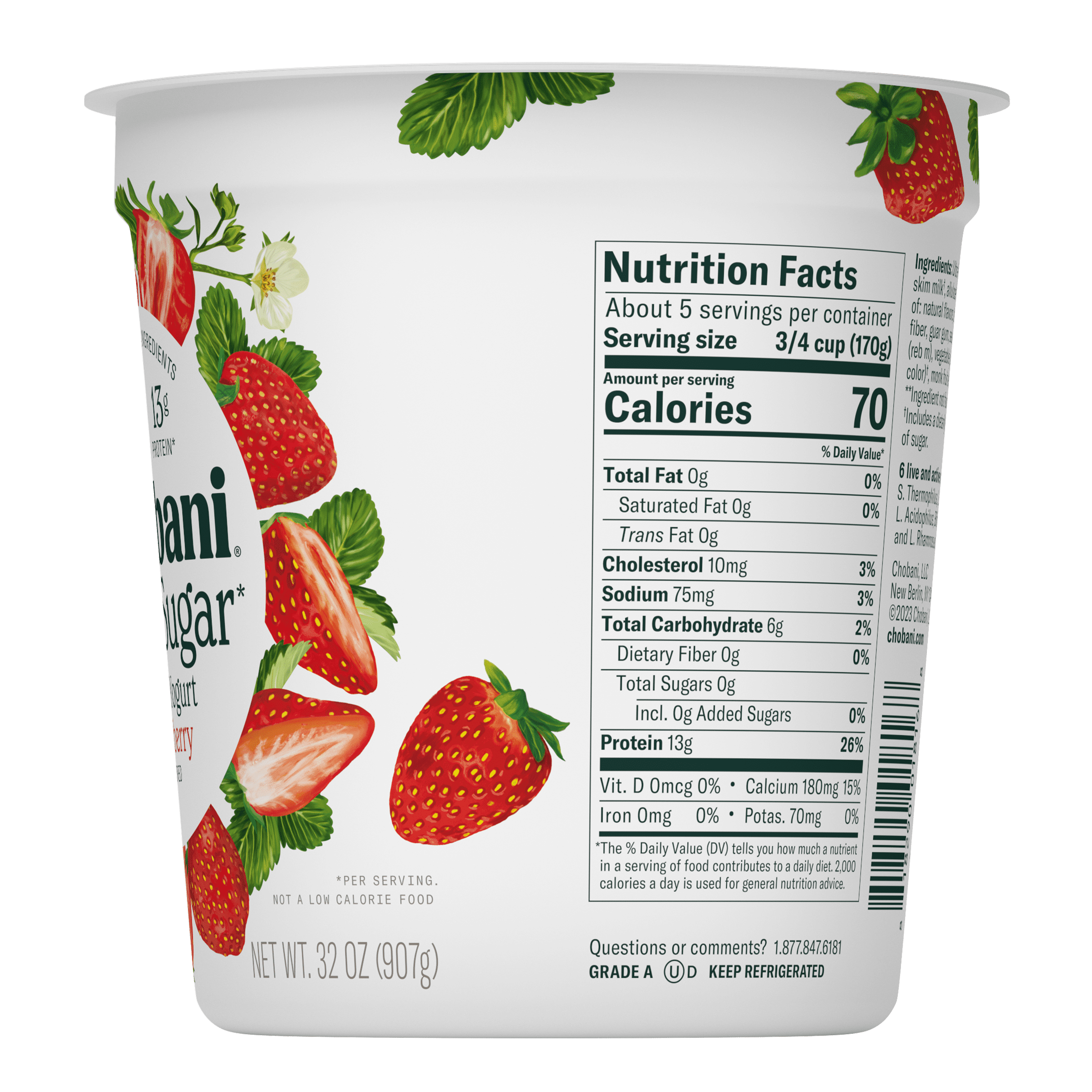 Chobani Zero Sugar Non-Fat Greek Yogurt Strawberry 32 oz Tub