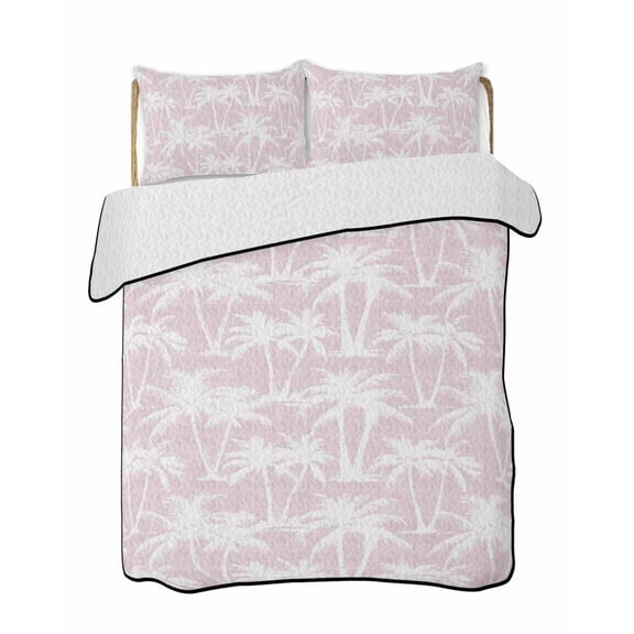 Quilts King Size Bedding Set, Pink Palm Tree Summer Lightweight Quilted Comforter, Beach Tropical Botanical Coastal Soft Reversible Bedspread Coverlet with Pillow Covers for All Season, 96" x 106"