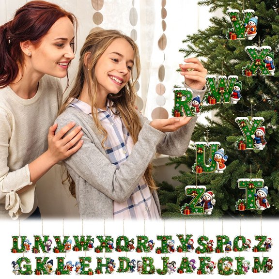 Yyuenw A to Z Alphabet Christmas Ornaments 3.15"/80mm 2D Acrylic Pendants Hanging Decor for Xmas Tree Wreath Mantel