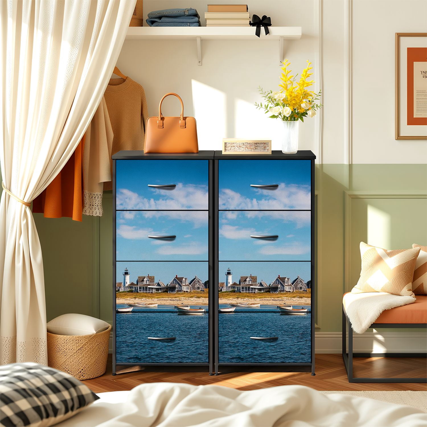 4 Drawer Vertical Storage Dresser Cape cod houses by sea with Wood Top Fabric Pull Drawers
