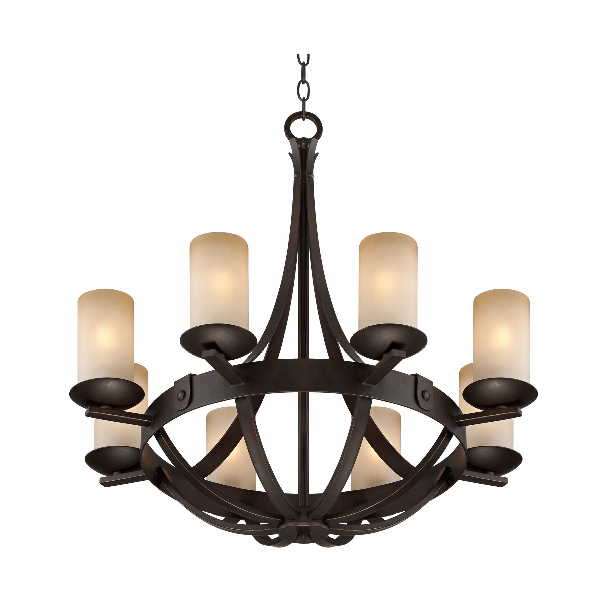 Franklin Iron Works Sperry Bronze Chandelier 28" Wide Rustic Farmhouse Cylinder Scavo Glass Shade 8-Light Fixture for Dining Room House Kitchen Island
