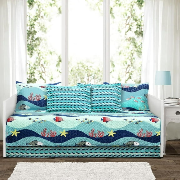 Blue Coastal Toddler Daybed Bedding - 6-Piece 39"x75" Twin Quilt Cover Set