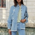thumbnail image 4 of Women's Solid Color Distressed Washed Fringe Denim Jacket Jackets for Women Summer Denim plus Size Jacket Big Girls Denim Jacket And Jacket Women Long Jean Jean Wool Jacket Women plus Denim Jacket, 4 of 6