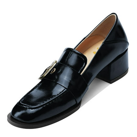 YDN Women Square Toe Strap Buckle Loafers Slip On Block Low Heel Pumps Retro Daily Wear Shoes Size 5 Navy