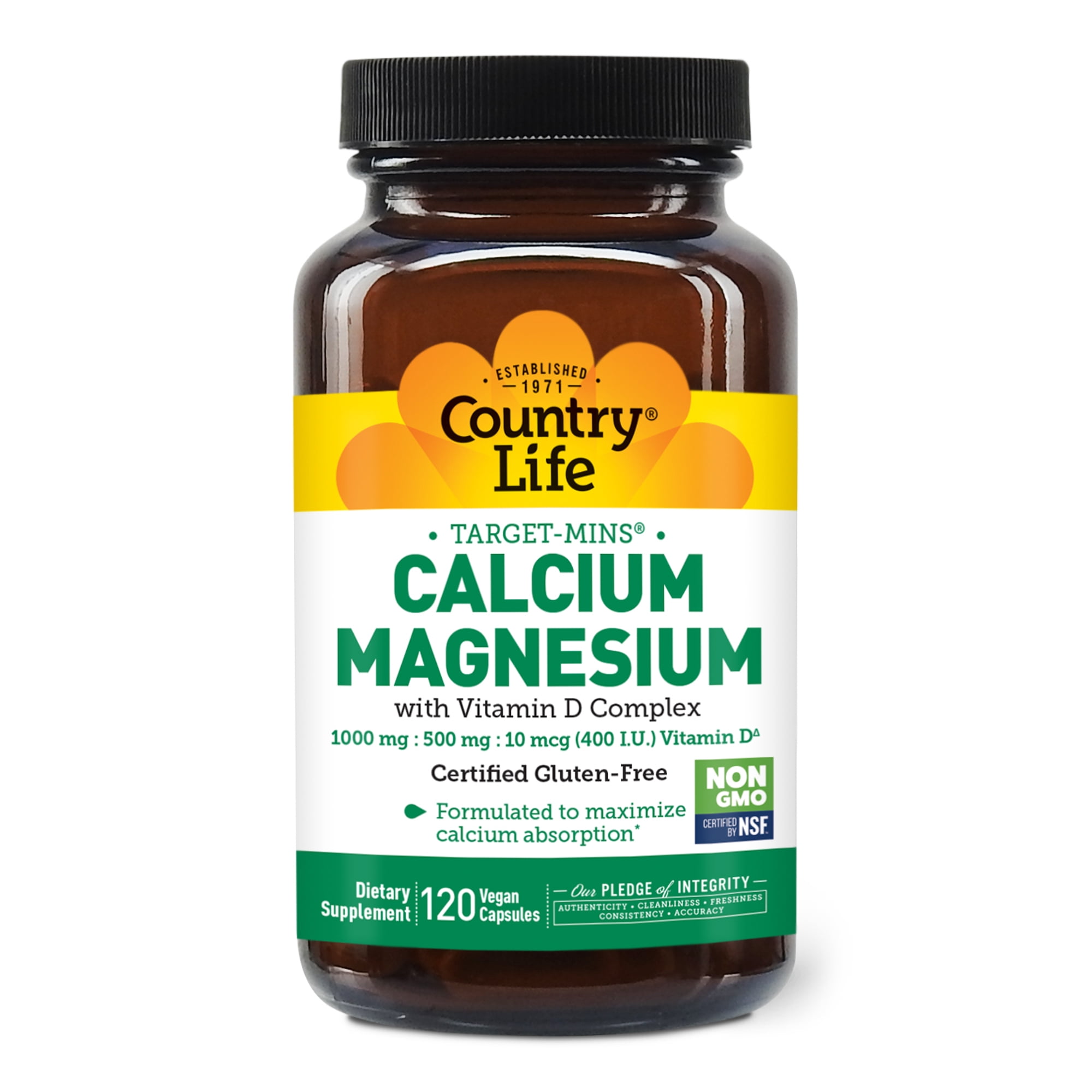 Country Life Target-Mins Calcium Magnesium with Vitamin D-Complex, 1000mg/500mg/10mcg, 120 Vegan Capsules, Certified Gluten Free, Certified Vegan, Verified Non-GMO Verified