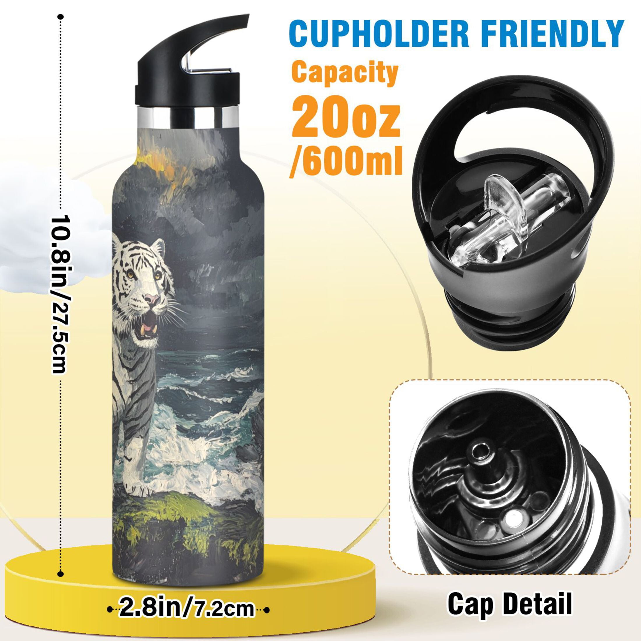 600ML Stainless Steel Insulated Cup Sports Water Bottle Portable Thermos Cup Water Glasses Insulated Tumblers Convenient and Durable White Tiger