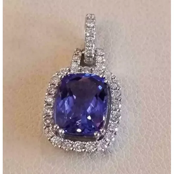5 Ct Cushion Cut Blue Tanzanite Halo Pendant 14K White Gold Plated Free Chain