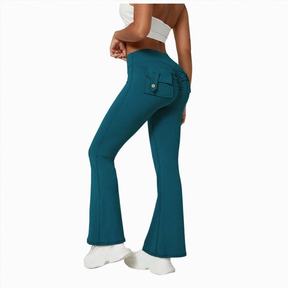 vigerkar Flare Leggings with Pockets for Women, Scrunch Detail High Waisted Buttery Soft Contouring Seam Yoga Pants (Blue, L)