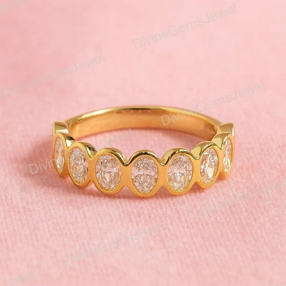 CHIRAGEMSJEWELS Oval Cut Diamond Half Eternity Band, Bezel Set Matching Band, Lab Diamond Wedding Band, Anniversary Gift Ring, Yellow Gold Band