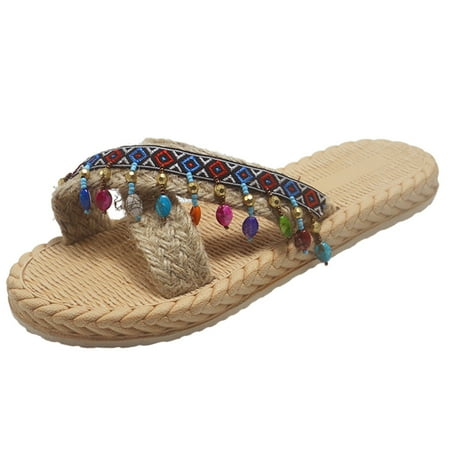 

GWAABD House Slippers Women Sandals Imitation and Summer Flip Spring Flat and Women Flops Beach Slippers Woven Straw Women s slipper