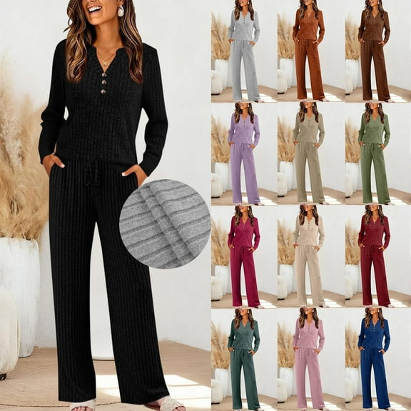 Wlynlyn Womens 2 Piece Outfits Long Sleeve V Neck Tops Wide Leg Pants Fall Casual Travel Matching Outfits