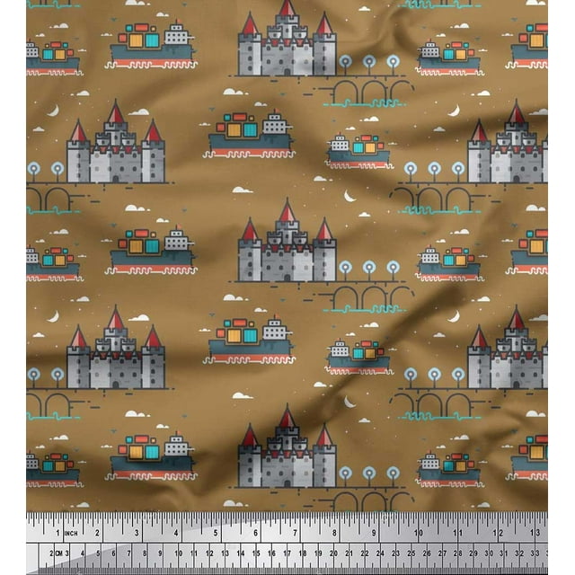 Soimoi Poly Georgette Fabric Ship,Castel & Bridge Architectural Print Fabric by Yard 42 Inch Wide