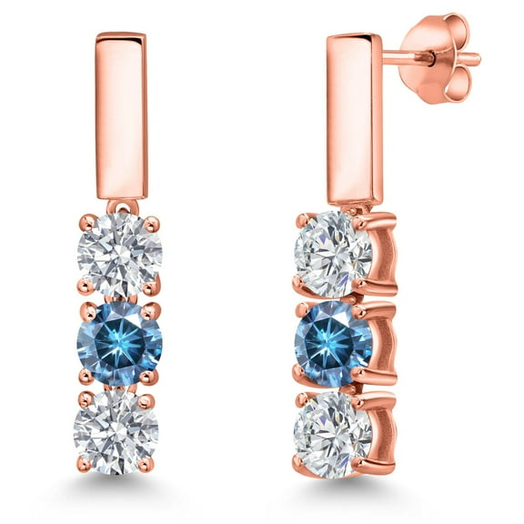 Gem Stone King 18K Rose Gold Plated Silver White Lab Grown Diamond and Persian Blue Moissanite Drop Dangle Earrings for Women | 1.50 Cttw | Gemstone April Birthstone | Round 5MM
