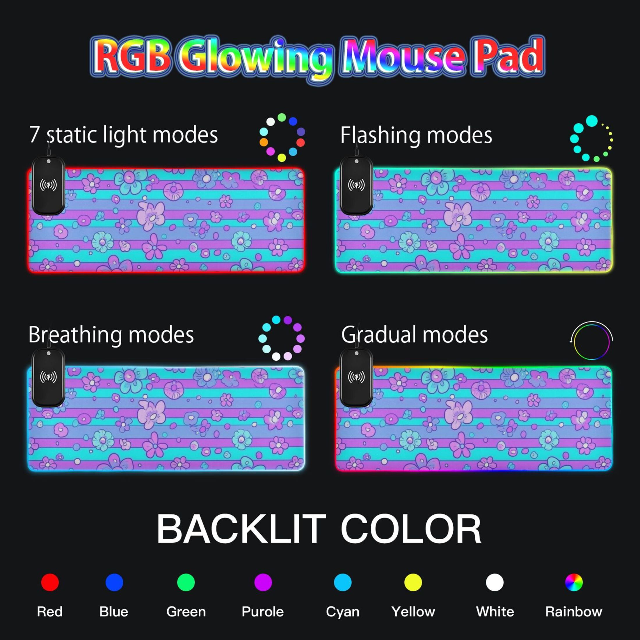 RGB Gaming Mouse Pad 15W Wireless Charging Large Waterproof Desk Mat 13 Light Modes Mousepad 31.5x11.8 Blue Pink Stripes with Flowers