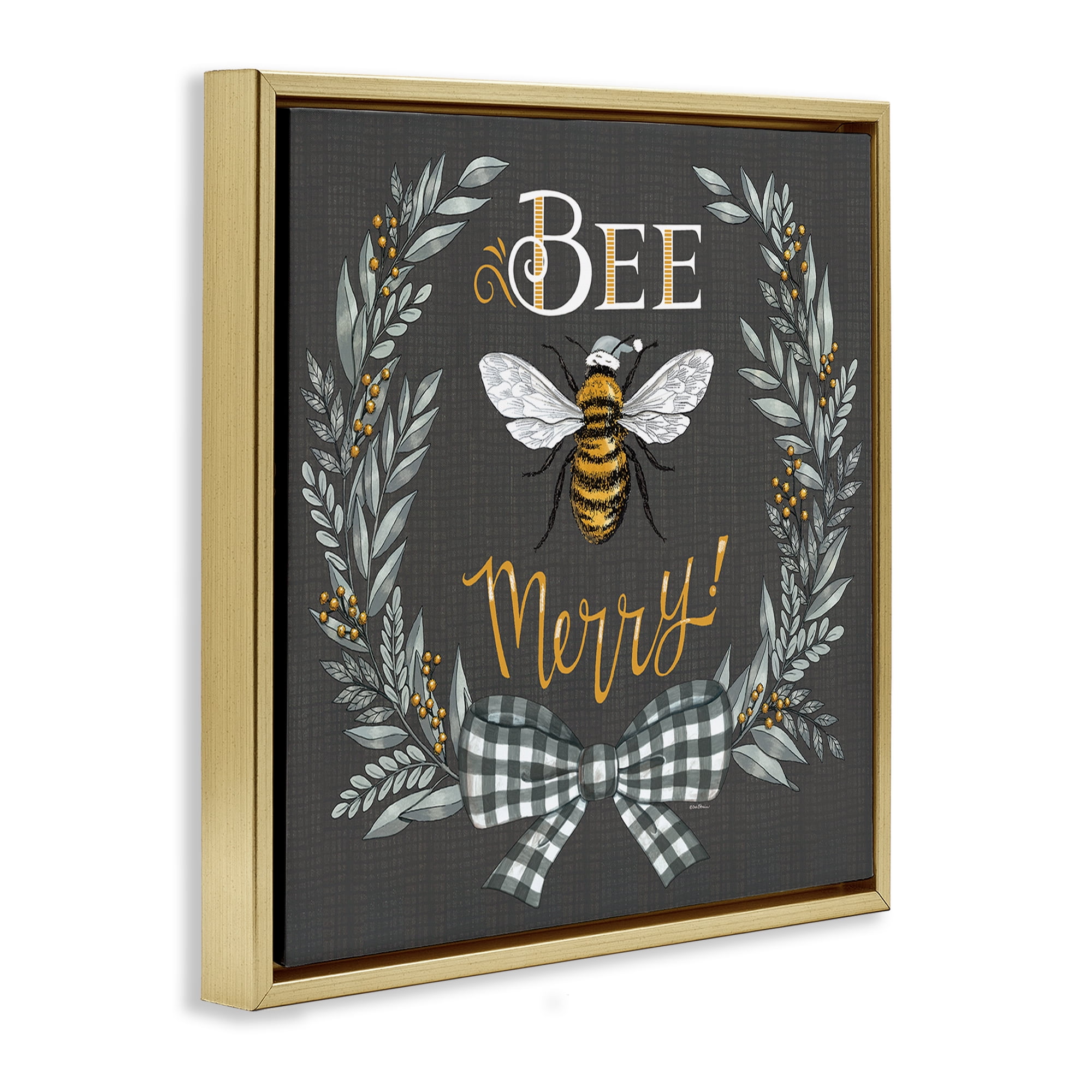 Stupell Industries Bee Merry with Garland Plants & Flowers Painting Gold Floater Framed Canvas Art Print Wall Art, 18 x 18