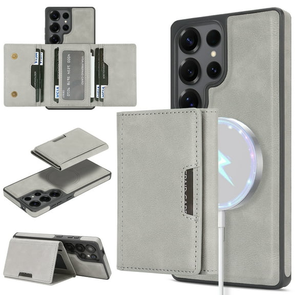 Designed for Samsung Galaxy S25 Ultra Wallet Case,2-in-1 Magnetic Detachable Card Holder,Compatible with Mag-safe,With Kickstand,PU Leather Anti-Scratch Shockproof Rugged Phone Case,Gray