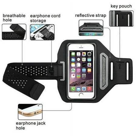Sport Armband for iPhone 7, iPhone 6 / 6 Plus, Iphone 5, Iphone SE, Iphone 5C, Up to 5.5 Inch Universal Running Pouch + Key Holder - Black