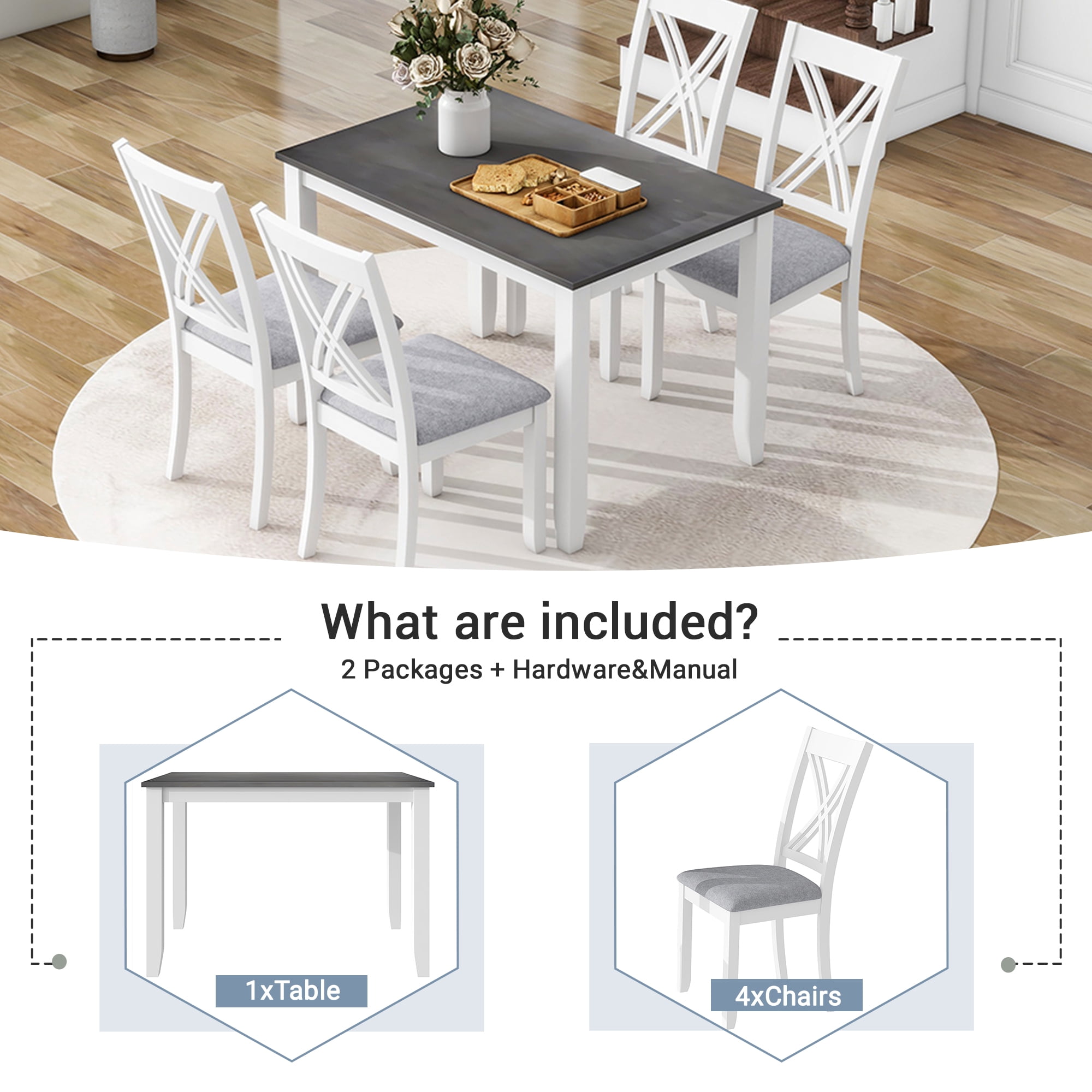 MAYEERTY Rustic Minimalist 5-Piece Dining Table Set with 4 X-Back Chairs, Gray – Perfect for Small Spaces