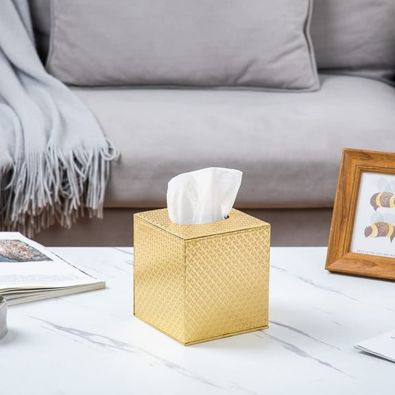 Gold Square Tissue Box Cover, Facial Tissue Holder for Bathroom, Vanity, Countertop, or Office, Stylish Gold Tissue Organizer, Durable and Elegant