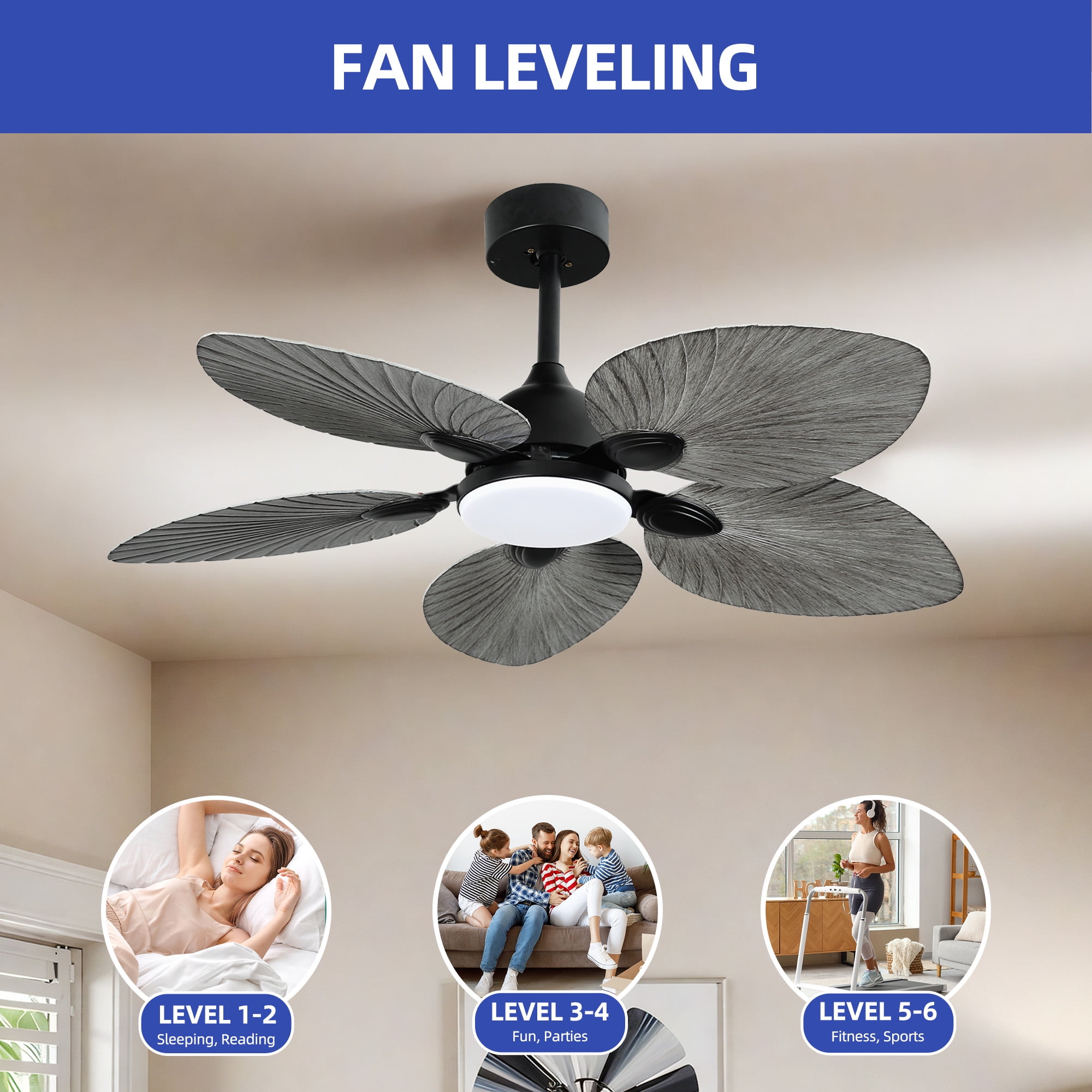 ModFusion 42" Tropical Palm Leaf Ceiling Fan with LED Light & Remote – Quiet DC Motor, 6-Speed, Reversible Airflow