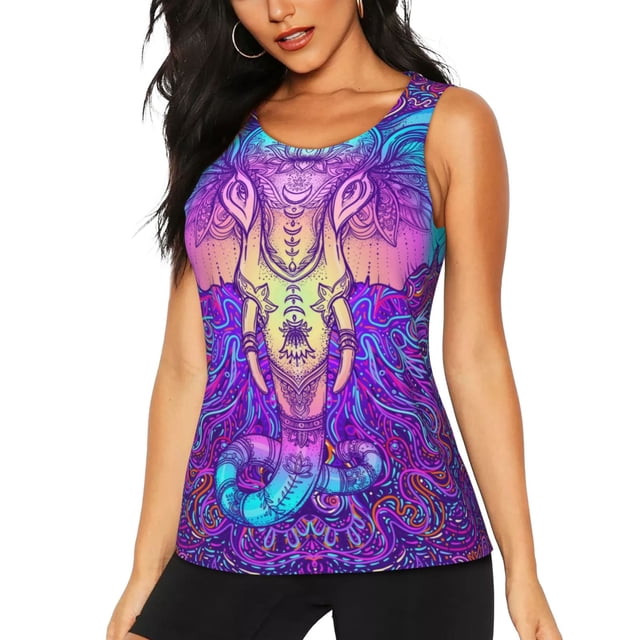 Balery Elephant in Tribal Style Camiseta sin mangas estampada ligera para mujer, tops de entrenamiento sin mangas, camisetas de yoga transpirables de secado rápido.-Small