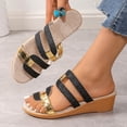 thumbnail image 3 of Rokment Glitter Metallic Wedges Dress Sandals for Women Vintage Gold Color Block Leather Linen Sole Open Toe Mid Heels Slip on Casual Summer Beach Slides Shoes Black Size 6, 3 of 8