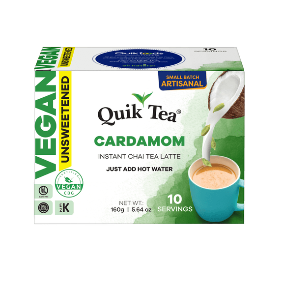 QuikTea Instant Unsweetened Vegan Cardamom Chai Tea Latte – 10 Count, Warm and soothing Cardamom Flavor, low Caffeine, no artificial colors, flavors or preservatives – Just Add Hot Water, non-GMO