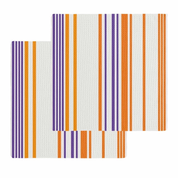 Orange Striped Kitchen Dish Towels for Drying Dishes Set of 2, Farmhouse Stripes Modern Abstract Art Waffle Weave Microfiber Hand Tea Bathroom Towels Quick Dry & Absorbent Towel 12x12
