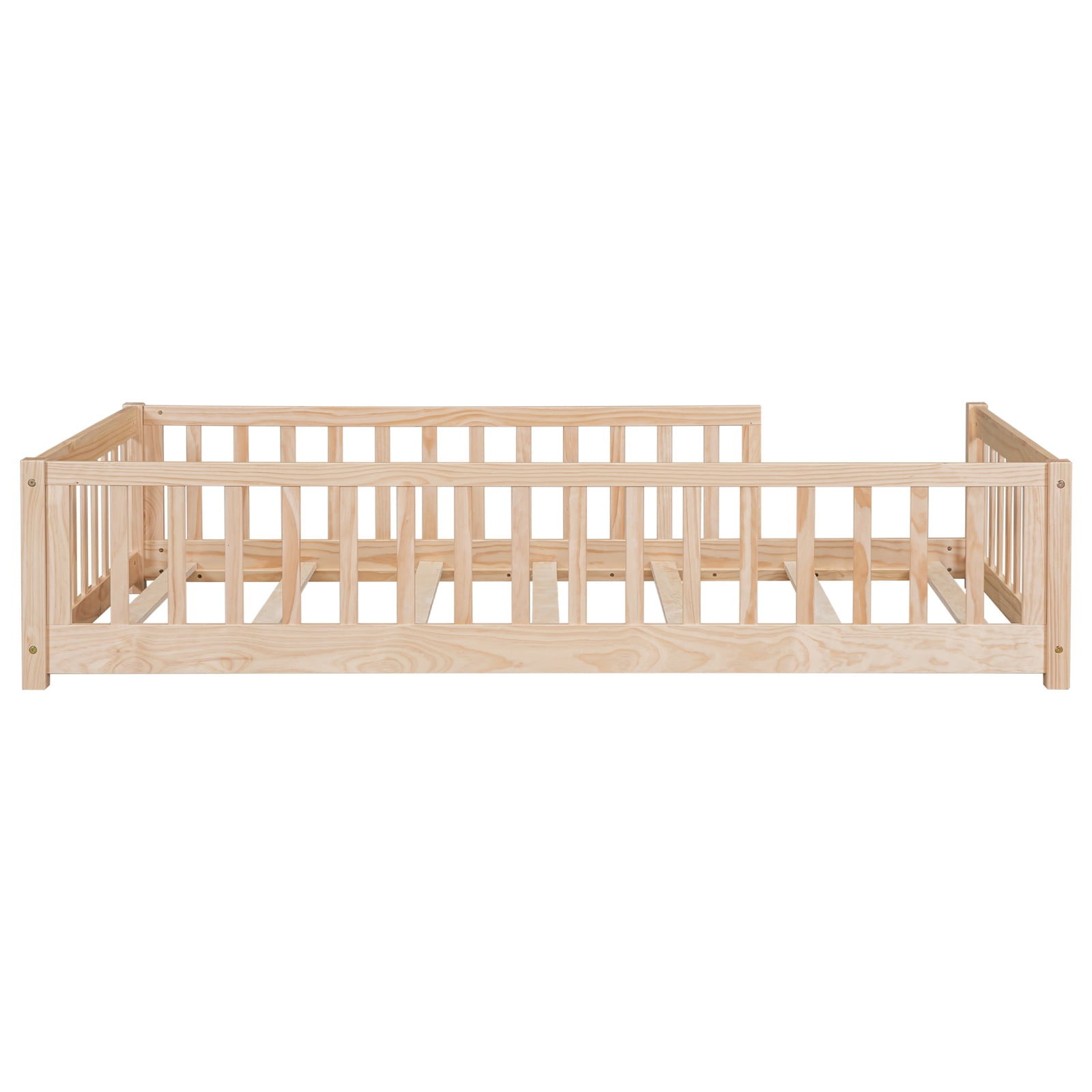 Twin Floor Bed with Fence for Kids, Solid Pine Wood Platform Bed Frame with Guardrails and Slats System, Playhouse Design Montessori Bed for Children Bedroom,Without Door, Natural