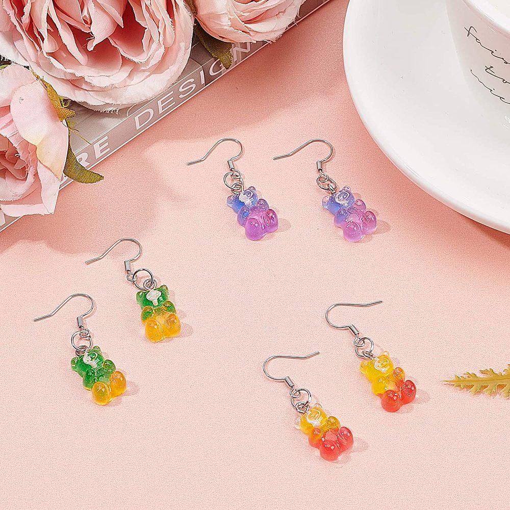 DIY Bear Resin Dangle Making Kits with Resin Pendants and Brass Earring Hooks Mixed Color Pendants: 20.5x10.5x6.5mm Hole: 2mm 8 colors