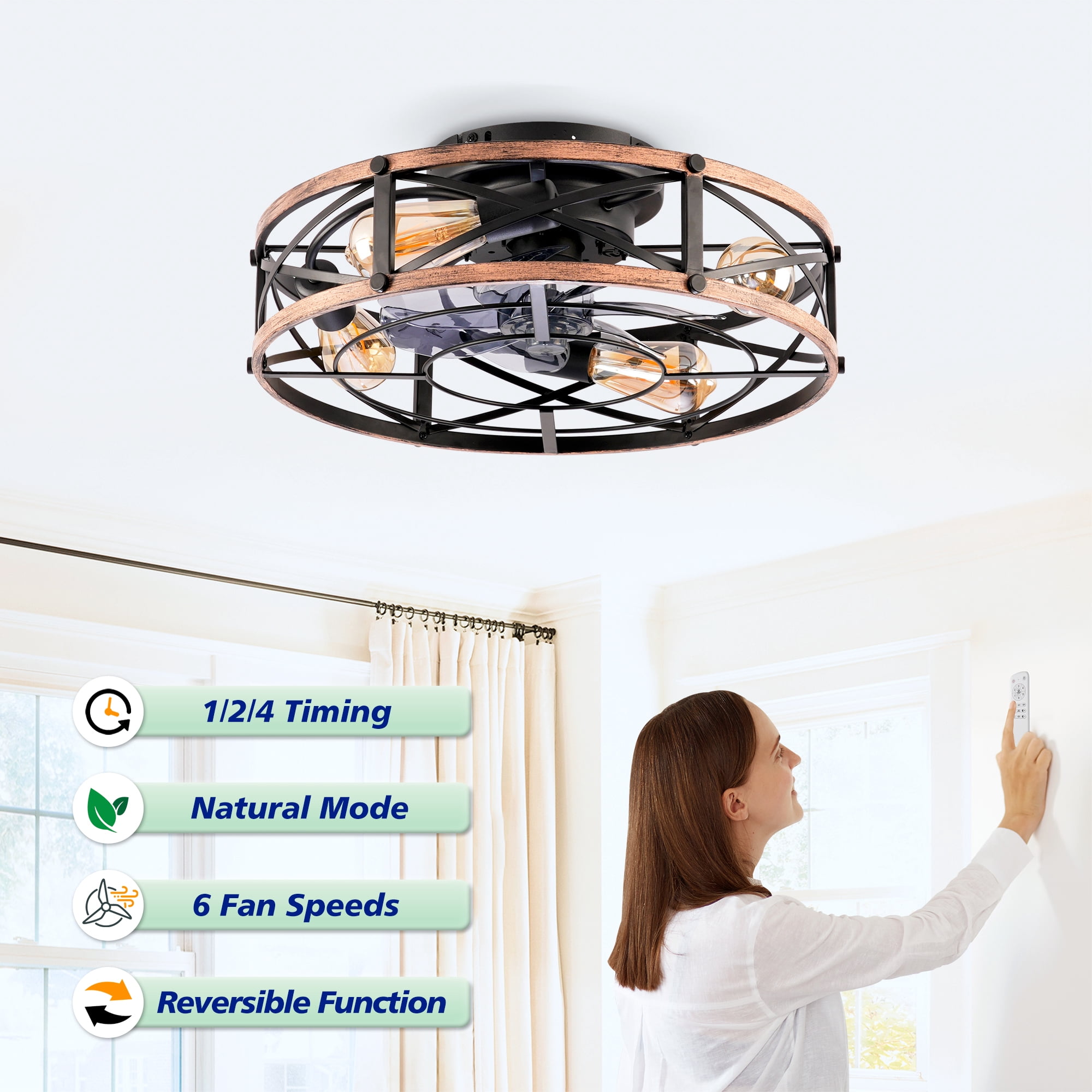 Leumius 19" Black Flush Mount Ceiling Fan with Light, Reversible Motor and DC Remote Control,6 Speed Ceiling Fan,Timing for Living Room Bedroom Dining Room(NOT Included Bulbs)