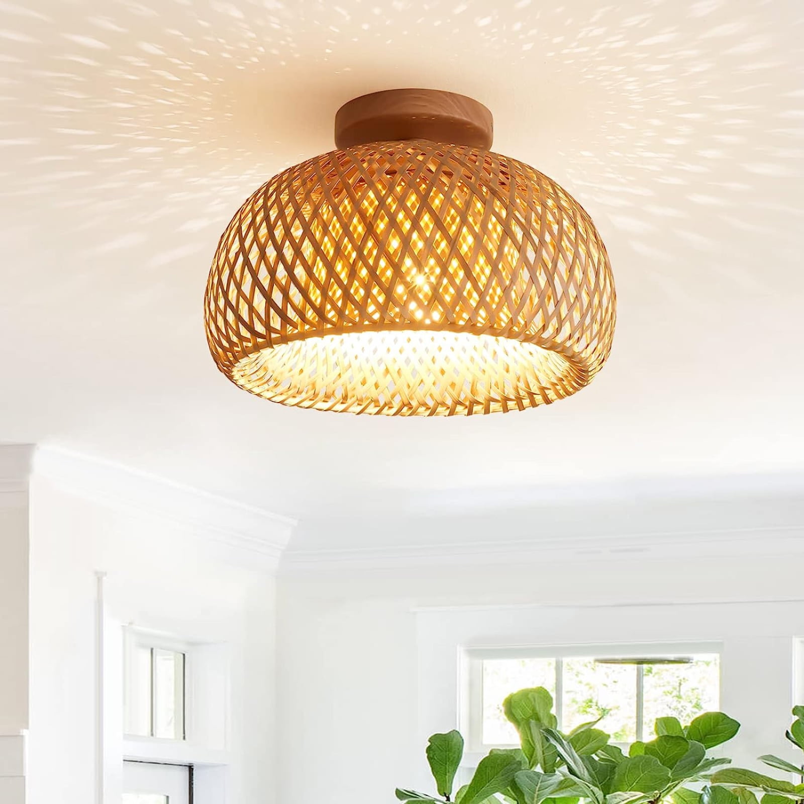 IC INSTANT COACH Rattan Semi Flush Mount Ceiling Light, Mini Bamboo Ceiling Light Fixture, Handmade Boho Rattan Light Chandelier, Farmhouse Light Fixtures for Bedroom Kids Room Hallway Corridor Passwa