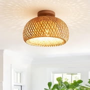 IC INSTANT COACH Rattan Semi Flush Mount Ceiling Light, Mini Bamboo Ceiling Light Fixture, Handmade Boho Rattan Light Chandelier, Farmhouse Light Fixtures for Bedroom Kids Room Hallway Corridor Passwa