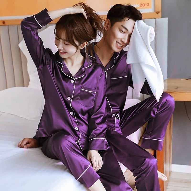 Coffe Color Sleepwear Silk Satin Pajamas Couple Set Long Button