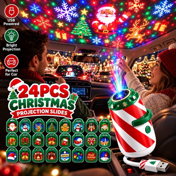 Christmas Car Projector Light, Merry Ride USB Powered Projector Lamp, Christmas Decor For Car Window & Ceiling (24Christmas patterns)