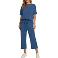 thumbnail image 5 of Feancey 2 Piece Sets for Women Going Out Travel 2026 Summer Short Sleeve Tops and Loose Capri Pants Lounge Set Solid Color Casual Two Piece Outfits with Pockets Blue M, 5 of 5