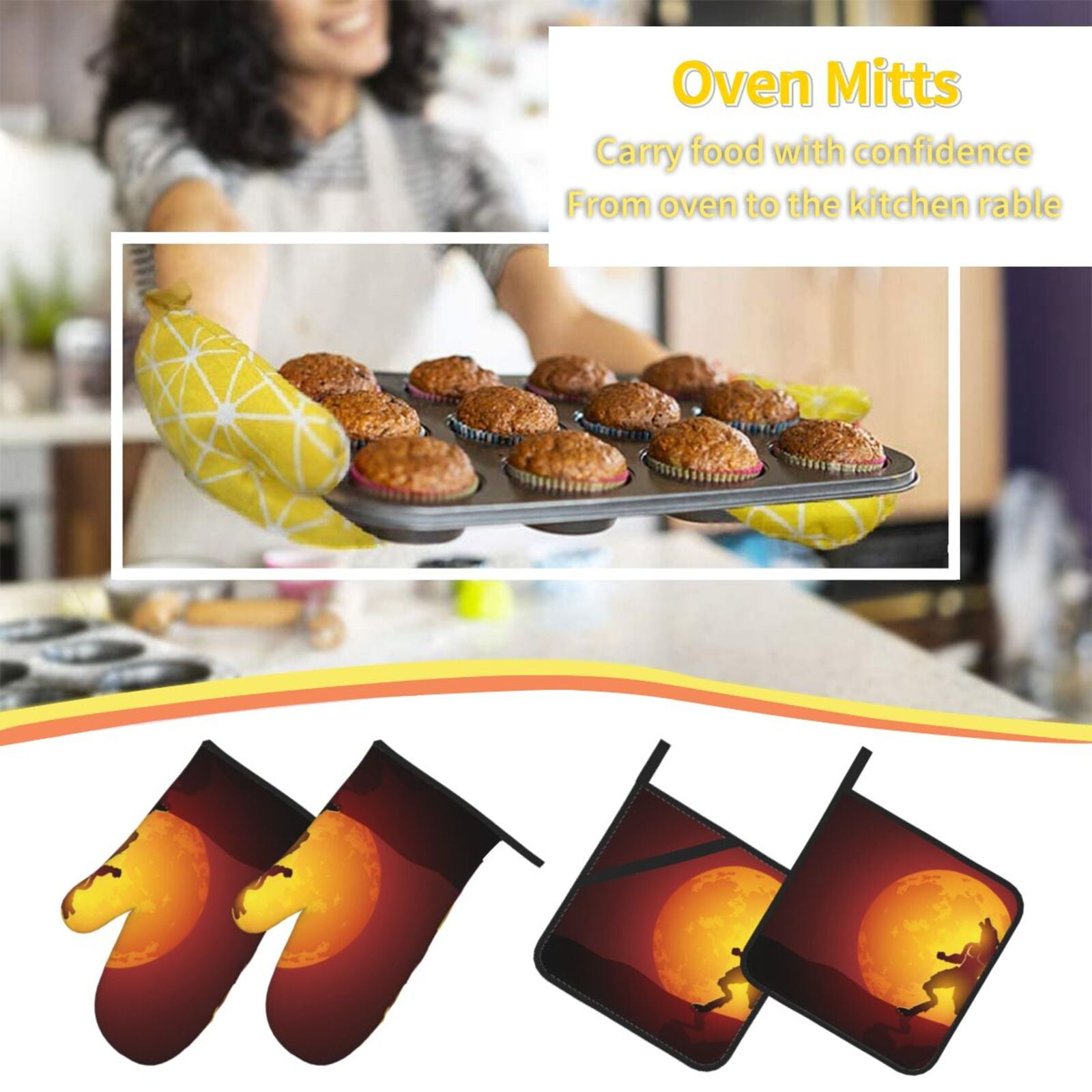 Werewolf Howling Red Full Moon 4Pcs Oven Mitts and Pot Holders Sets Oven Kitchen Gloves Hot Pads for Cooking BBQ Baking Grilling