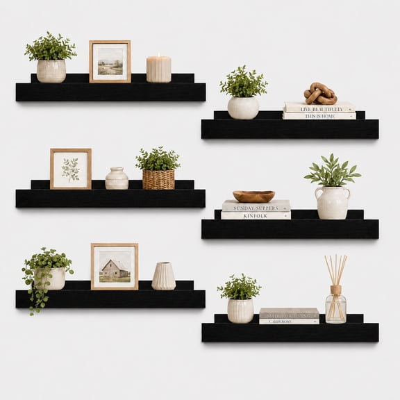 KAIWIN Floating Shelves for Wall, 15.7In Black Wall Shelves for Decor Storage Set of 6, Wall Mounted Wood Shelves for Bedroom, Living Room, Bathroom, Kitchen