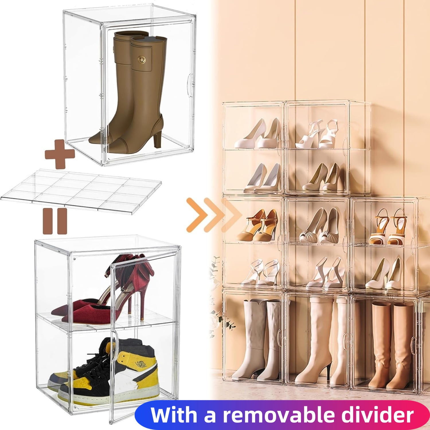 3pcs Extra Large Transparent Display Box, Clear Show Case, Dustproof Stackable Cosmetic Storage Organizer Bins Organizer with Removable Divider for Figures Toys Collectibles Car Model Boots,clearance