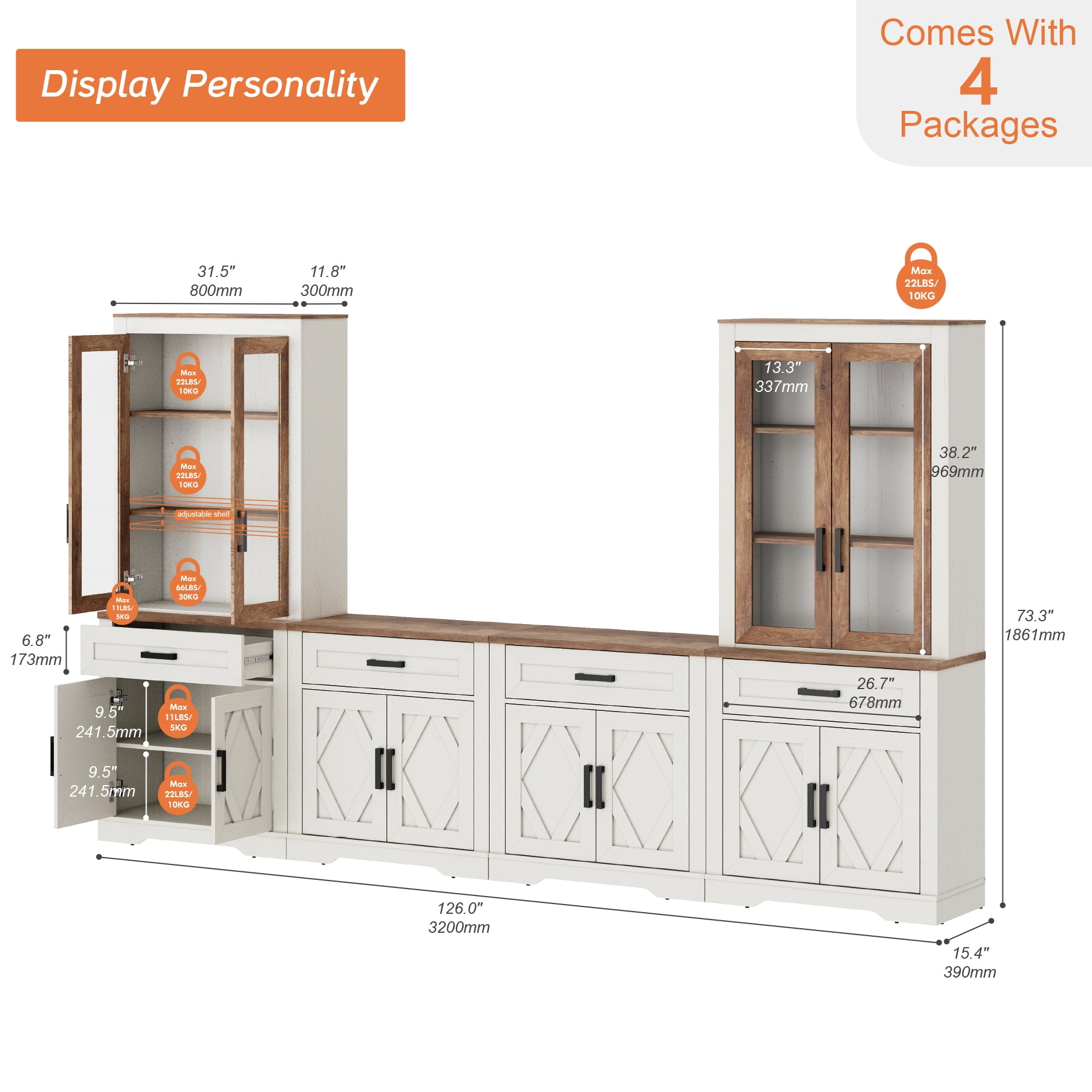 WAMPAT Farmhouse Entertainment Center with Bookshelf for TVs up to 70",Modern TV Stand with 73"H Tall 5-Tier Bookcase with Open Storage and Barn Doors for Living Room,Bedroom,Antique White