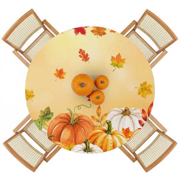 Round Fitted Tablecloths with Elastic Edge Thanksgiving Fall Harvest Pumpkin Oil-Proof Waterproof Wipeable Table Cover for Kitchen Dining Party Decor Autumn Maple Leaf Orange Table Clothes,36" - 44"