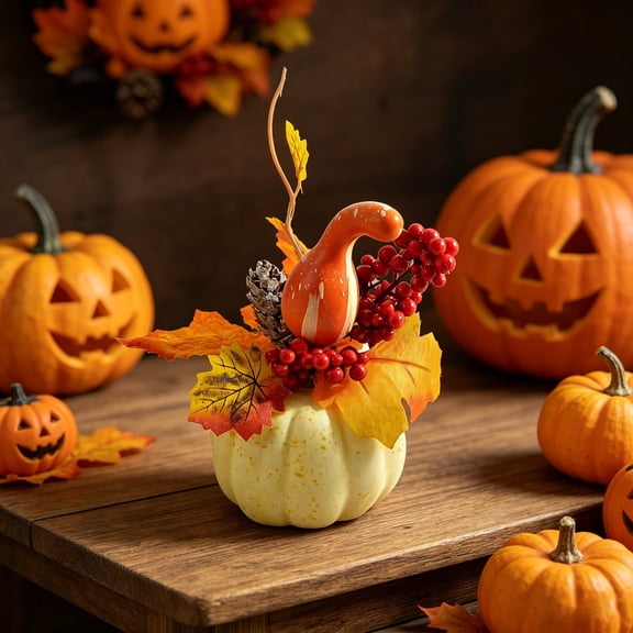 Diceymbol Large Foam Pumpkin Decor 12-Inch Halloween & Fall Centerpiece with Maple Leaves & Sunflowers, Lightweight Tabletop Decoration for Home/Cafe
