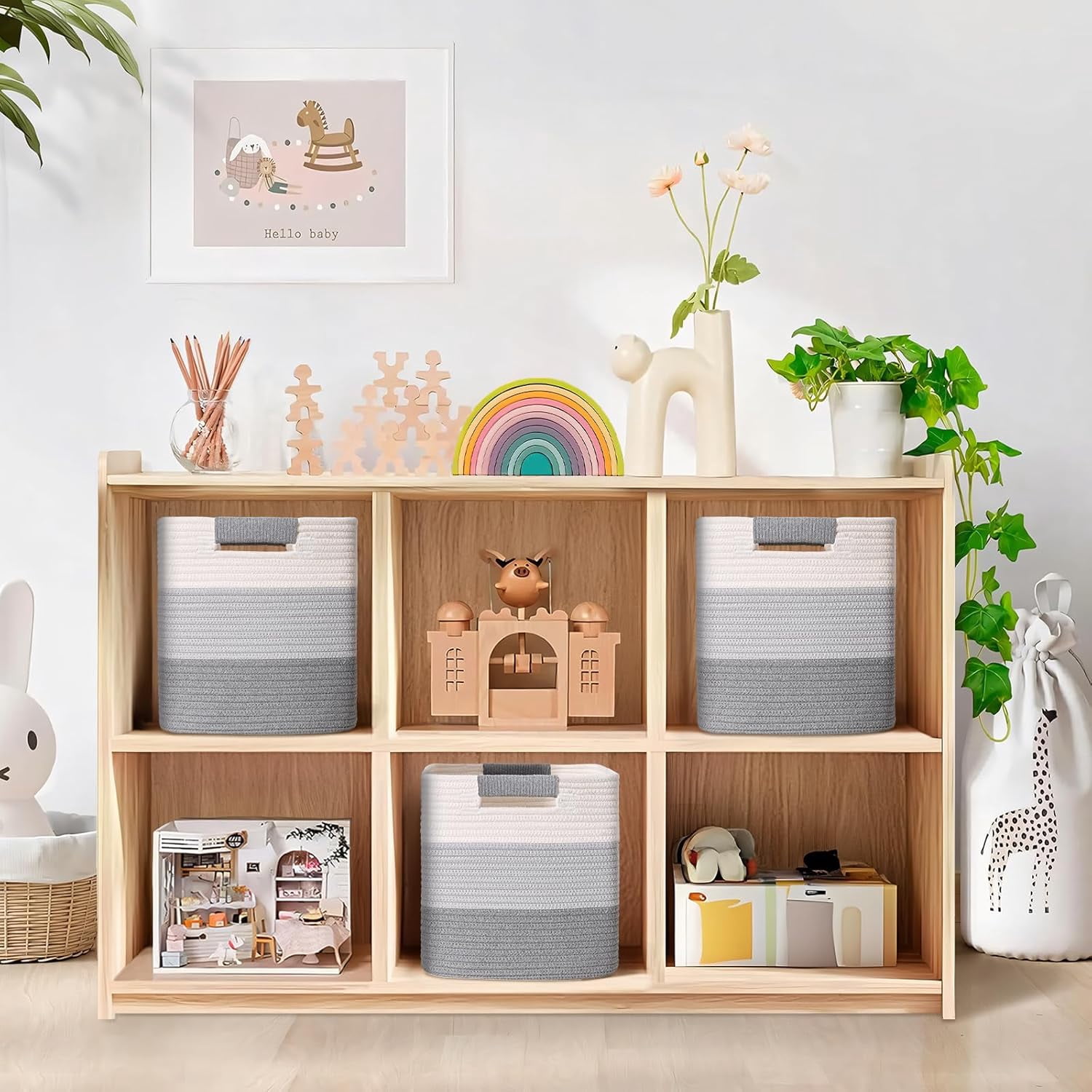 Natubeau 3 Pack Woven Storage Basket for Shelves, 11 Inch Cube Storage Bins, Cotton Rope Woven Baskets for Organizing, Gradient Grey