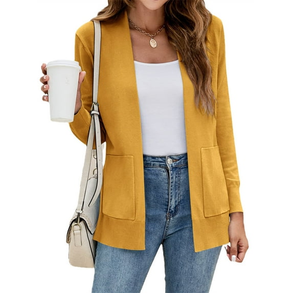 Langwyqu Open Front Women Solid Color Casual Knit Cardigan With Pocket