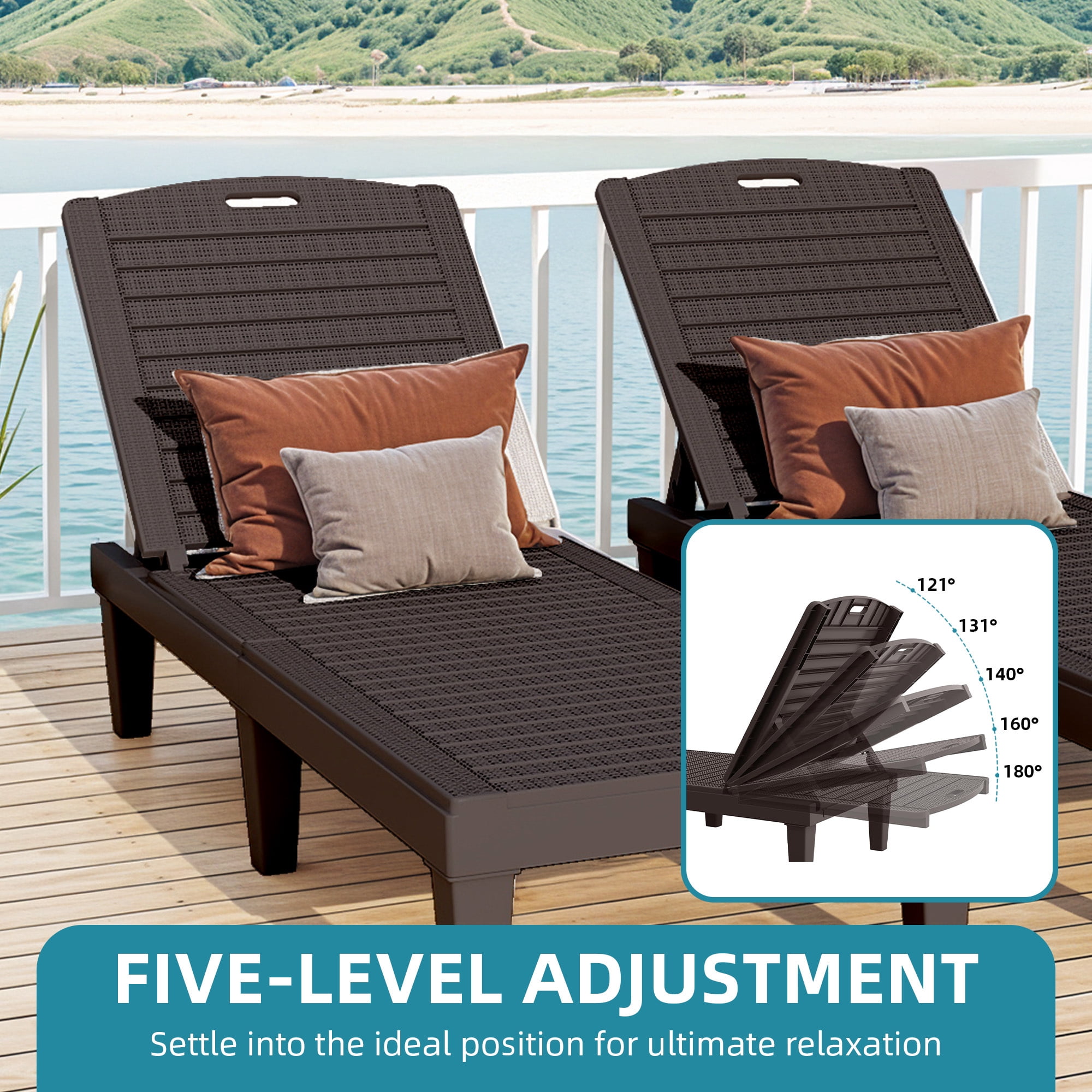 Uforic 2-Piece Outdoor Chaise Lounge Chairs, 5-Position Adjustable Backrest Waterproof Plastic Pool Loungers, Easy Assembly Patio Recliners for Backyard, Poolside and Garden, Dark Brown