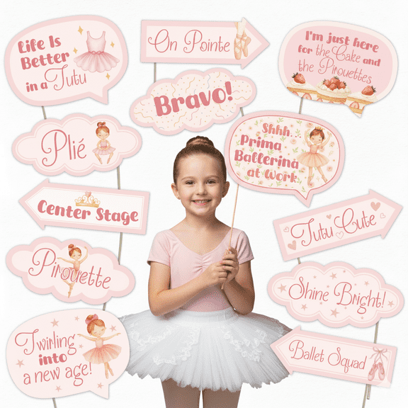 Ballerina Birthday Photo Booth Props – 12 Piece Ballet Party Decorations for Dancer Birthday Girls Recital Celebration Pink Theme