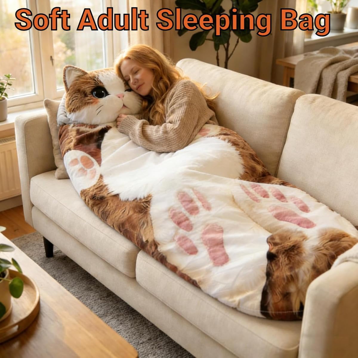 Cat Pattern Sleeping Bag Adult, Adorable Cat Envelope Sleeping Bag, Soft Sleeping Bags Plush Cat Envelope Washable Warm Blanket for Home Travel Camping Sleepovers