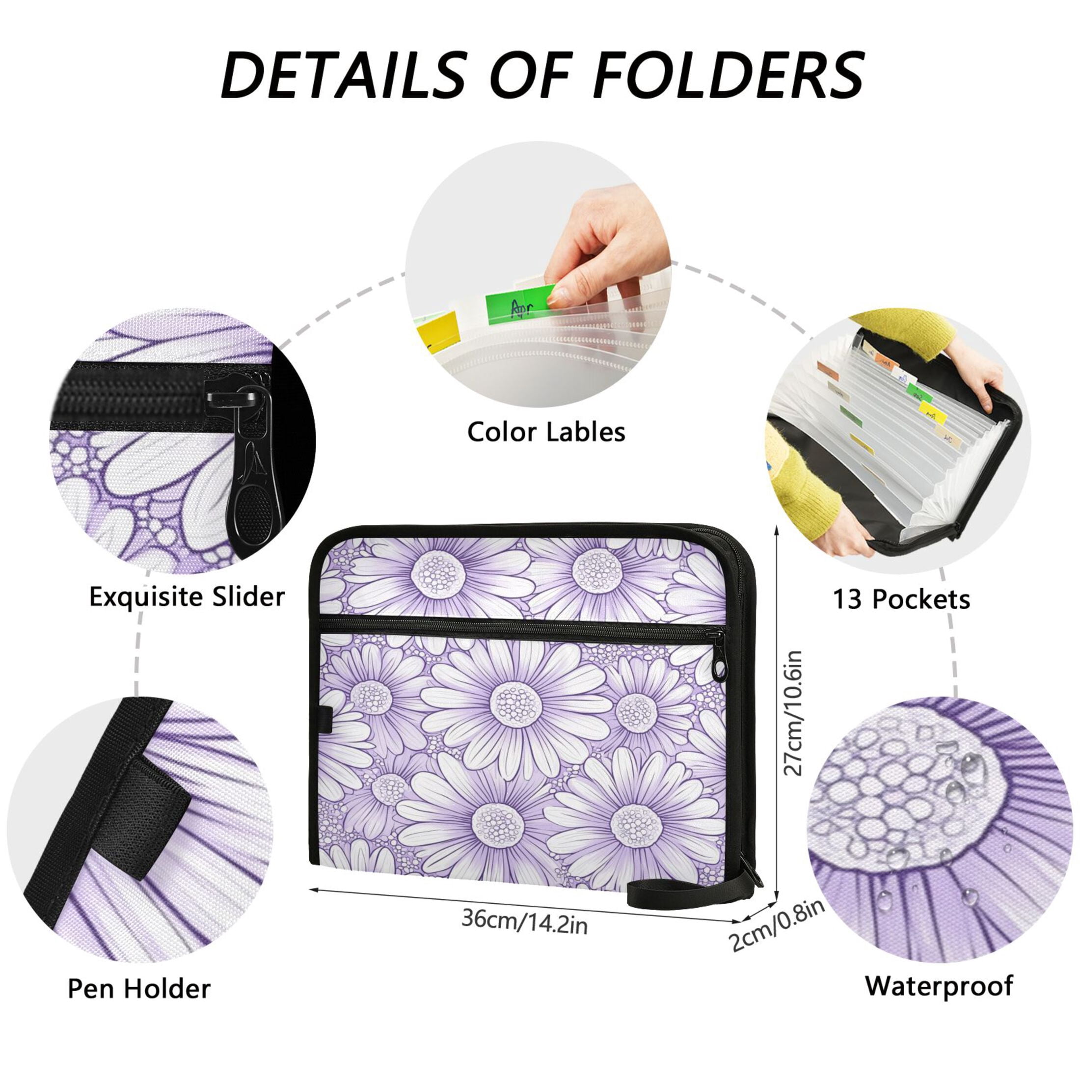 WOBOGO A Pattern with Pale Purple Daisies Expanding File Folder Letter Size Accordion Filing Organizer 13 Pocket Separate Organ Pocket